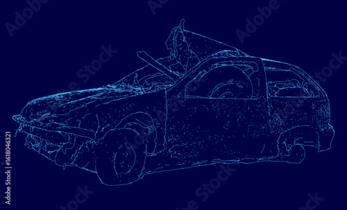 A destroyed car with a crumpled front bumper and dented hood lies against a blue background. Shattered windows and a cracked windshield highlight the severe damage from the accident.