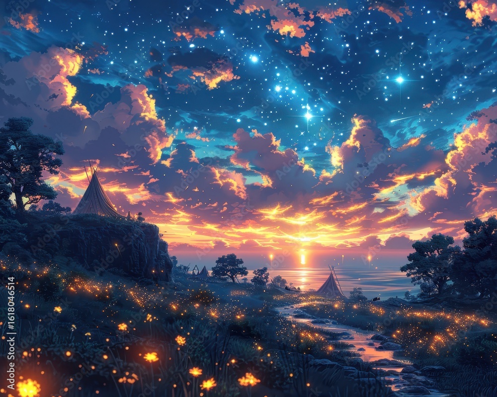 Fototapeta premium Magical Fantasy Landscape at Sunset with Starry Sky and Campfires, Enchanting Nature Scene