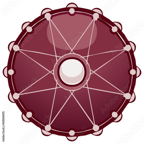 Maroon tambourine illustration, musical instrument with membrane and jingles, music symbol, round frame, musical percussion instrument
