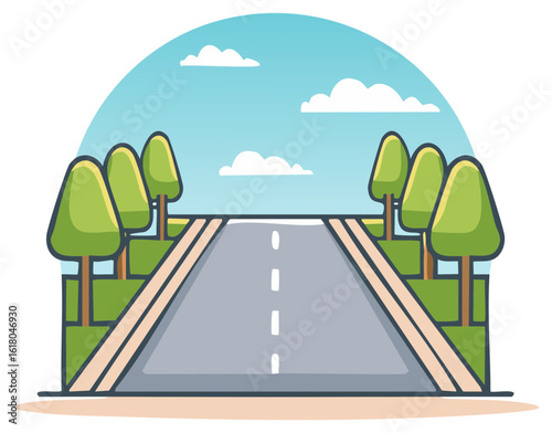 Open highway with trees and clouds, simple flat illustration