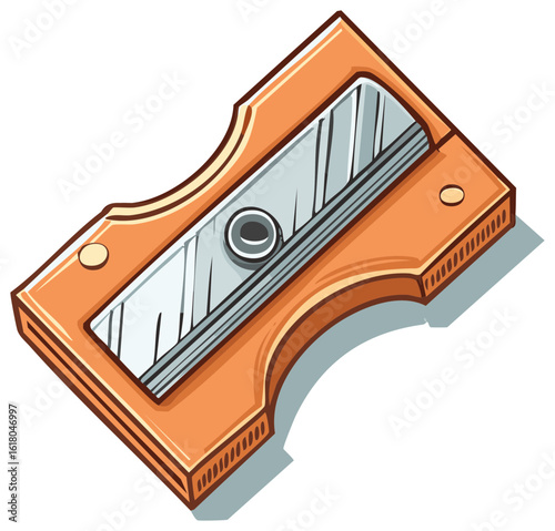 Isometric wooden pencil sharpener rendering with stainless steel blade and curved design