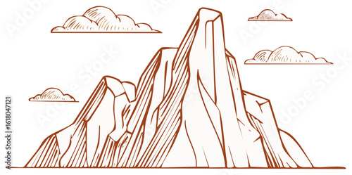 Mountain peak sketch with clouds, nature scene, vector art, outdoor adventure