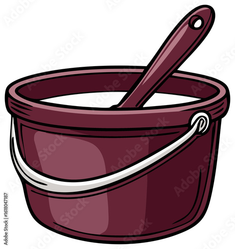 Cartoon Illustration of Plum Colored Bucket with Ladle and Creamy Liquid Inside