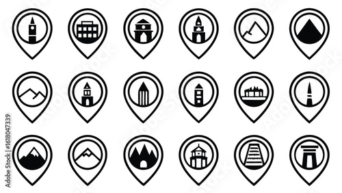 Collection of travel destination map pin icons with landmarks