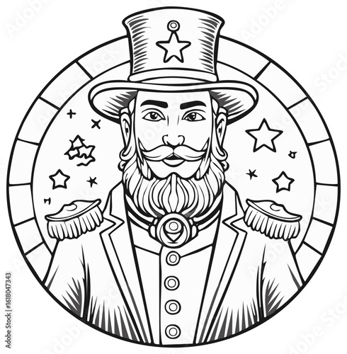 Victorian Ringmaster with Top Hat and Stars Emblem