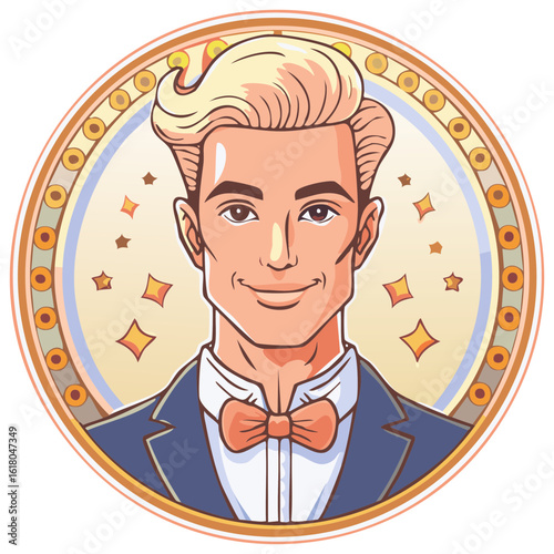 Charming retro man with blonde hair in a tuxedo smiling in a decorative circular frame with stars