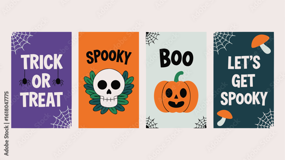 Naklejka premium Colorful Halloween Card Set Featuring Spooky Phrases, Pumpkins, Skull, Spiders, and Spiderwebs for Celebration