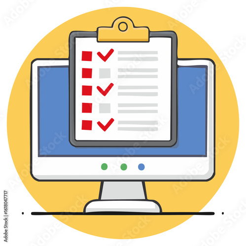 Digital checklist on a computer screen with red checkmarks and squares