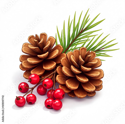 Autumn pine cones with pine branches and autumn berries and leaves around