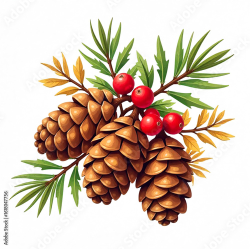 Autumn pine cones with pine branches and autumn berries and leaves around