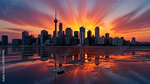 Breathtaking cityscape reflecting in water during golden hour sunset magic