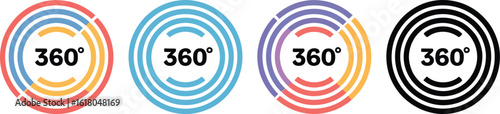 360 degrees. 360º area view, virtual reality related vector graphic element linear stroke icon in 4 color schemes. Modern style with colorful circle lines