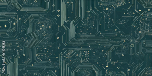 A detailed blue printed circuit board with a complex electronic design and a variety of microchip components creates a technological background for digital hardware