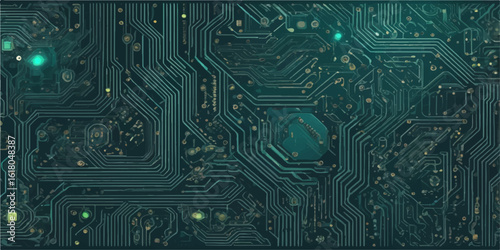Macro closeup of an electronic printed circuit board with a pattern of communication chips, processors, and other digital hardware