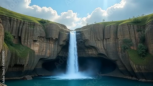 Captivating Waterfall Scenery with Majestic Cliffs and Lush Greenery Landscape View