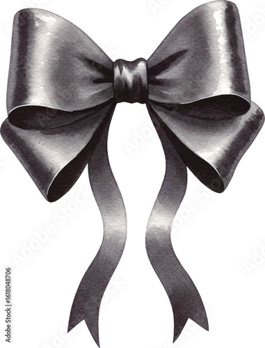 Elegant watercolor illustration of a shimmering black bow with flowing ribbons.