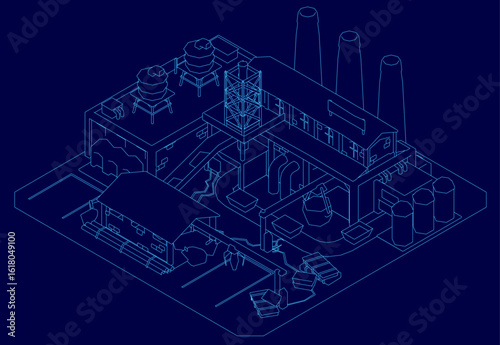 Low poly factory blueprint in isometric view on a blue background, featuring detailed windows, doors, and structural elements. The clean contour design highlights industrial architecture.