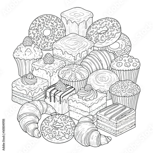 Black and white illustration of a variety of baked goods sweet treats and delicious desserts for coloring books