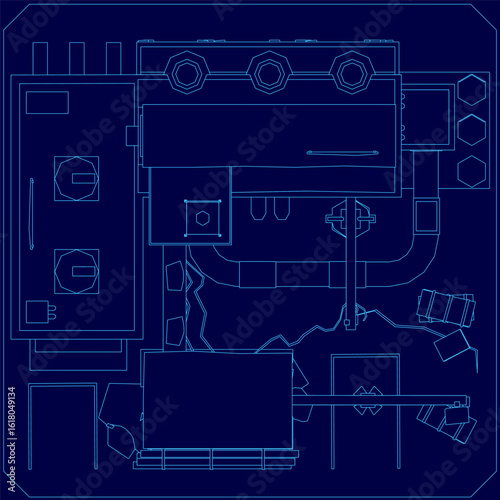Low poly factory blueprint displays detailed architectural layout with precise contour lines. The design includes structural elements, machinery placement, and labeled sections.