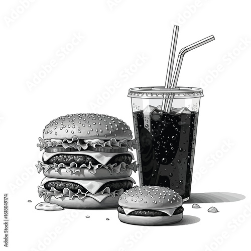 Black and white illustration of fast food including a towering burger a smaller burger and a refreshing soda drink in monochrome art