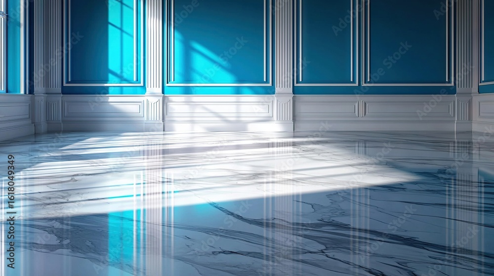 Obraz premium A spacious room boasts a lustrous marble floor, vivid blue walls, and a stunning window that lets in a radiant beam of sunlight