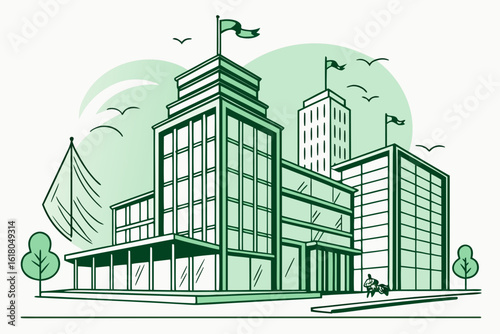 Green city skyline vector illustration with eco-friendly buildings and urban landscape