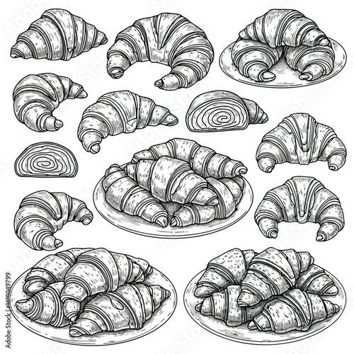 Delicious freshly baked croissants collection in detailed engraving style perfect for bakery designs and culinary illustrations for menus or cookbooks
