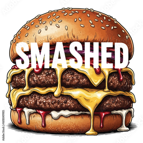 Double Cheeseburger with Dripping Cheese Illustration Delicious Food Smashed Burger Concept Isolated on White Background