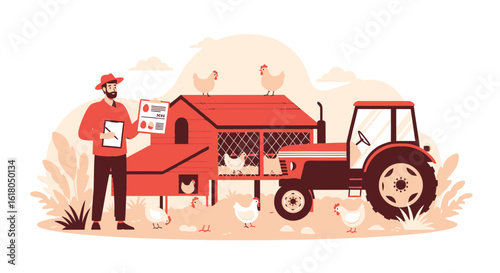 Farmer Inspecting Egg Production Quality on Modern Farm Illustration
