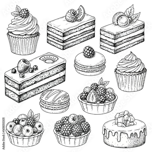 Hand Drawn Sketch of Delicious Pastries and Cakes Assortment with Berries and Cream Toppings for Bakeries and Desserts
