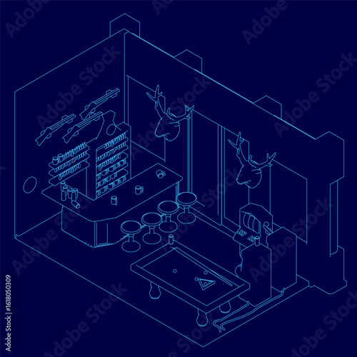 Low poly isometric pub interior features a pool table at the center with scattered game objects. Blue contour walls display two mounted deer heads, creating a stylized bar atmosphere.