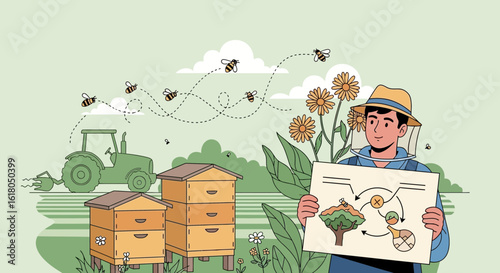 Beekeeper Displaying Honey Production Chart On Agricultural Environment