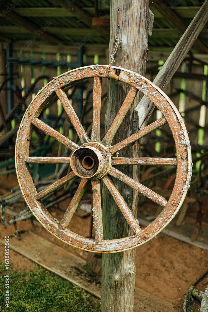 Old Wooden Wagon Wheel Hanging Outdoors Old Wooden Wagon Wheel Hanging Outdoors