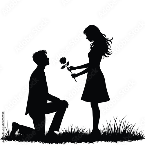 Man proposes woman rose grassy field romantic gesture proposal flower