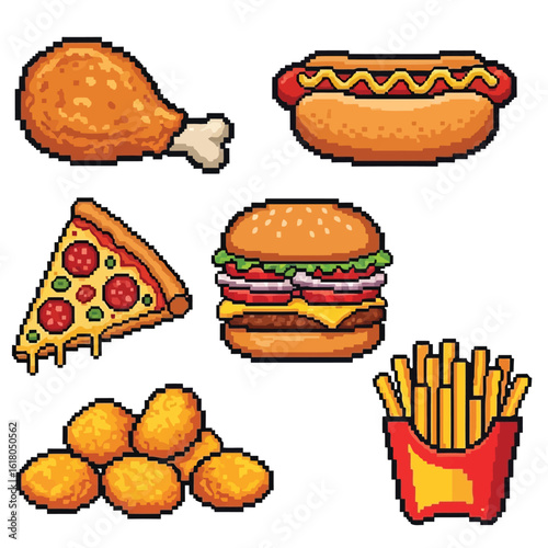 Pixel Art Fast Food Collection featuring Chicken Pizza Burger Hotdog Nuggets and French Fries for Retro Gaming Designs
