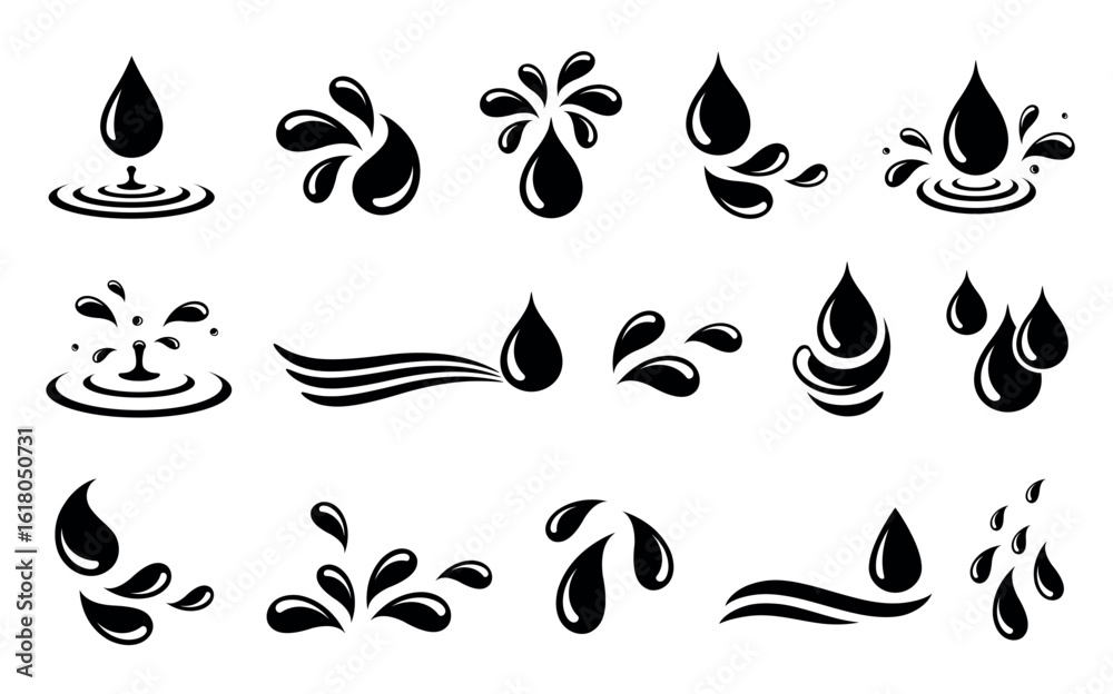 Fototapeta premium Water drops, droplet silhouettes, splash wave elements, moisture splatter