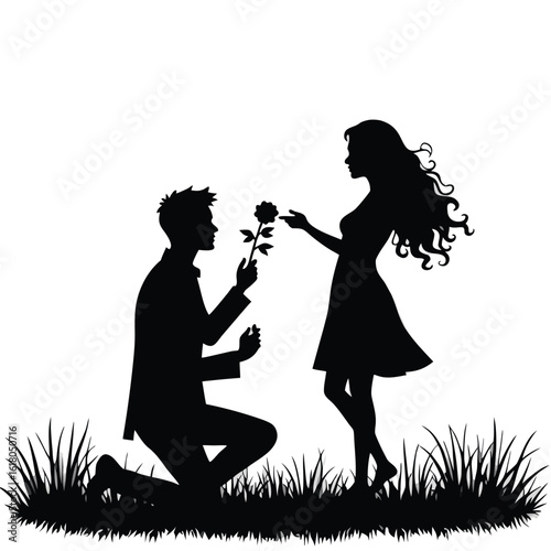 Man proposing rose to woman silhouette couple proposal