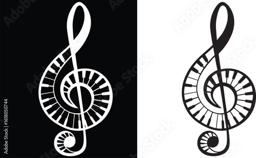 treble clef piano vector silhouette, music logo, musical design, piano keys circle, artistic music symbol, melody icon, creative music art, black and white music symbol, instrumental icon, piano and c