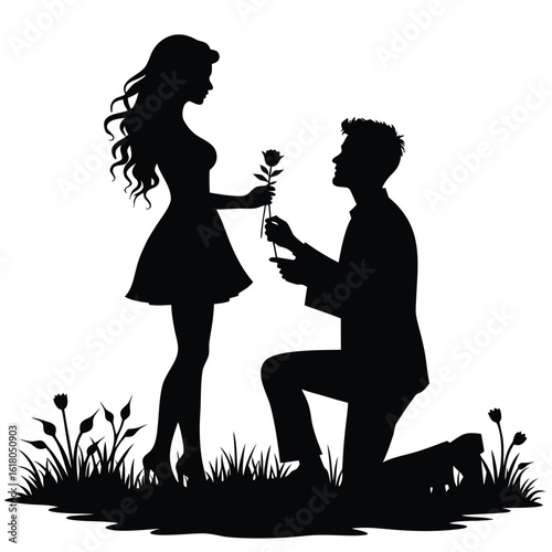 Man proposing to woman with rose in garden proposal romantic
