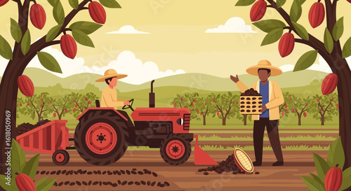 Cocoa Harvesting Scene with Tractor and Farmers in a Plantation
