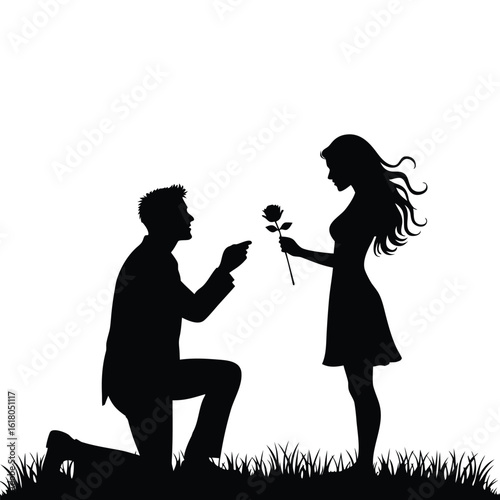 Man proposing to woman with rose in grassy field romance proposal