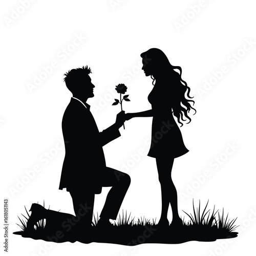 Man proposing to woman with rose silhouette proposal