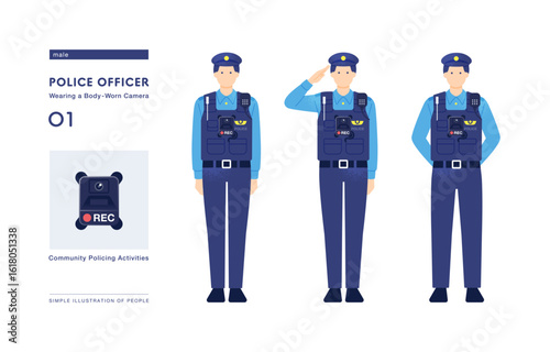 警察とカメラ ウェアラブルカメラを装着した警察官のセット ベクターイラスト素材