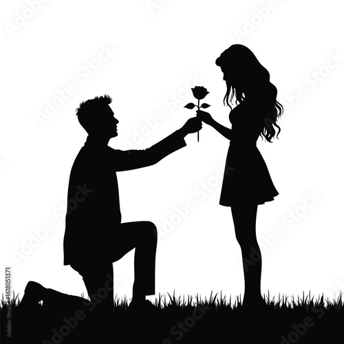 Man proposing to woman with rose silhouette vector
