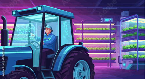 Modern Farming Technologies Indoor Cultivation With Tractor And Vertical Greenhouses