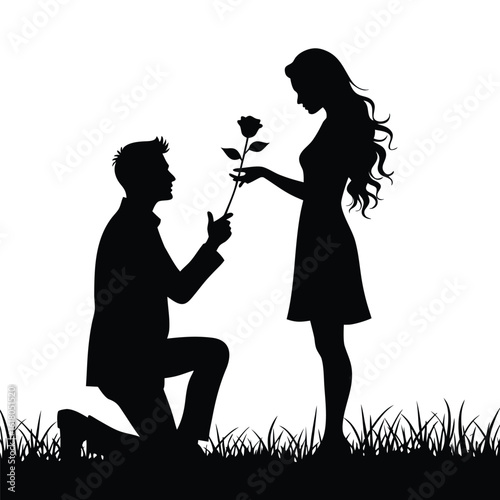 Man proposing with rose to woman in grass silhouette vector