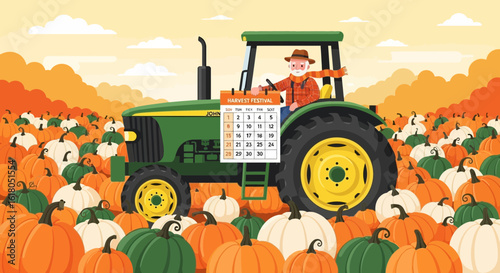 Autumn Harvest On Farm With Tractor And Senior Farmer Cartoon