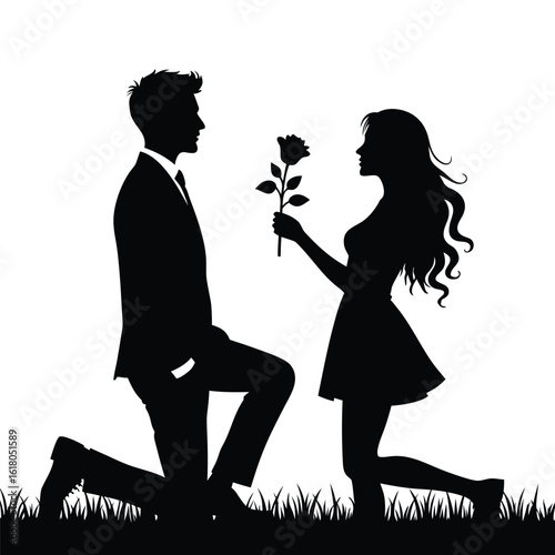 Man proposing with rose to woman kneeling proposal romance vector
