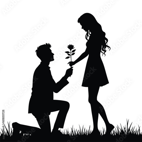 Man proposing with rose to woman silhouette couple proposal