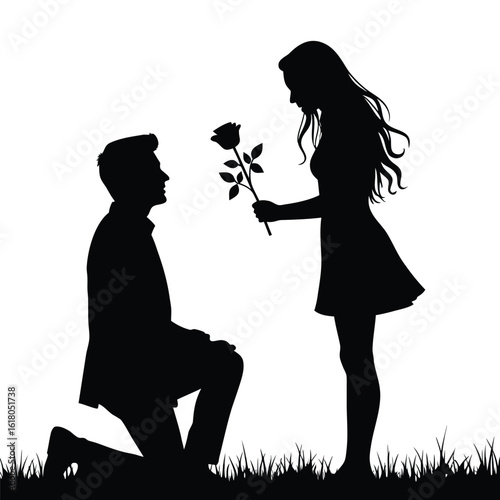 Man proposing with rose to woman silhouette couple proposal